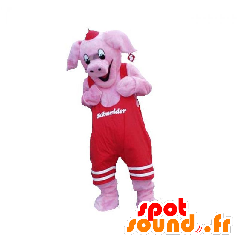 Mascotte de cochon rose avec une salopette rouge - MASFR031919 - Mascottes Cochon