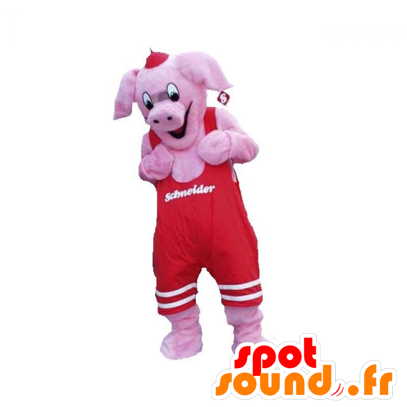Rosa gris maskot med en rød jumpsuit - MASFR031919 - Pig Maskoter