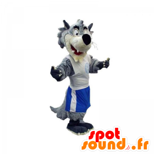 Graue und weiße Maskottchen Wolf in Sportkleidung gekleidet - MASFR031920 - Maskottchen-Wolf