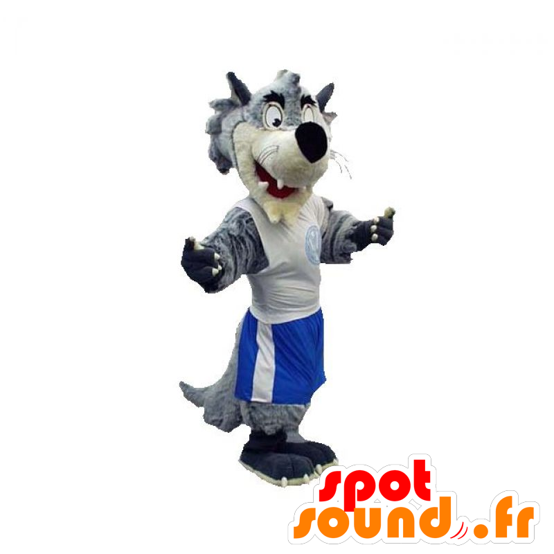 Graue und weiße Maskottchen Wolf in Sportkleidung gekleidet - MASFR031920 - Maskottchen-Wolf