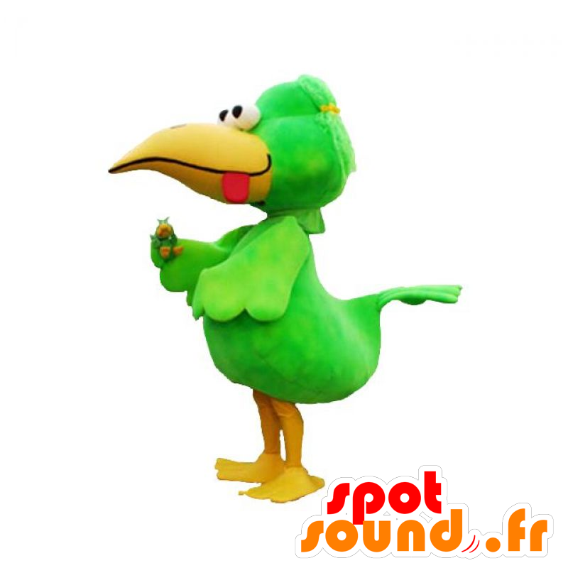 Maskot stor grøn og gul fugl, sjov og farverig - Spotsound