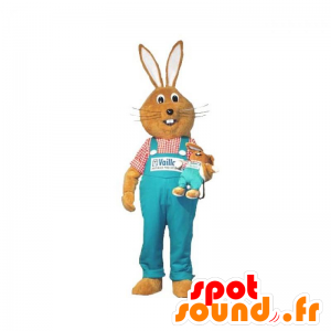 Braunes Kaninchen Maskottchen mit blauen Overalls - MASFR031924 - Hase Maskottchen