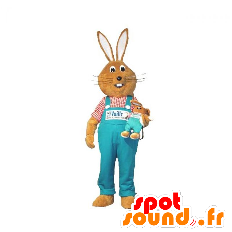 Brown rabbit mascot with blue overalls - MASFR031924 - Rabbit mascot
