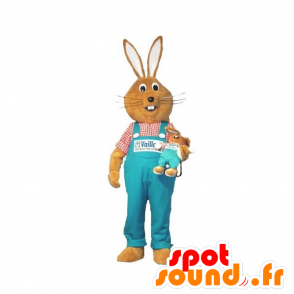 Bruin konijn mascotte met blauwe overalls - MASFR031924 - Mascot konijnen