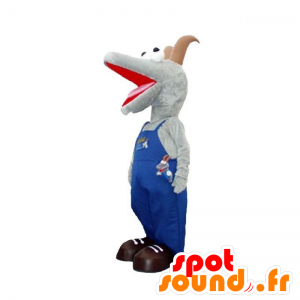Mascotte de bouc, de cabri gris et marron habillé en salopette - MASFR031930 - Mascottes Boucs et Chèvres