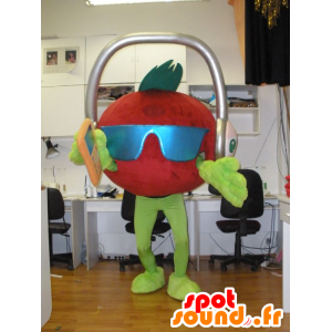 Mascotte de tomate géante avec un casque audio sur la tête - MASFR031934 - Mascotte de fruits