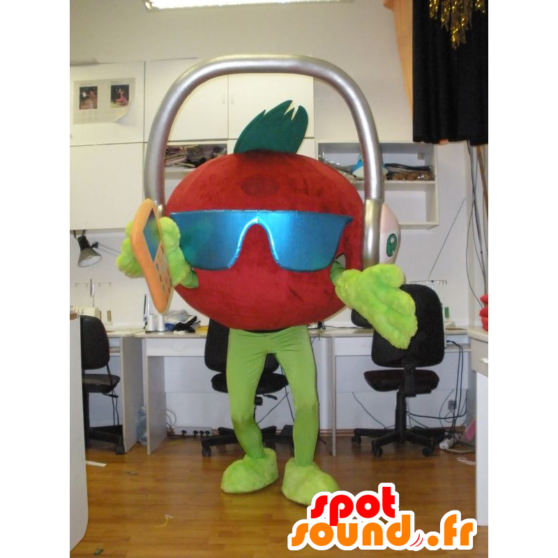 La mascota de tomate gigante con auriculares en la cabeza - MASFR031934 - Mascota de la fruta