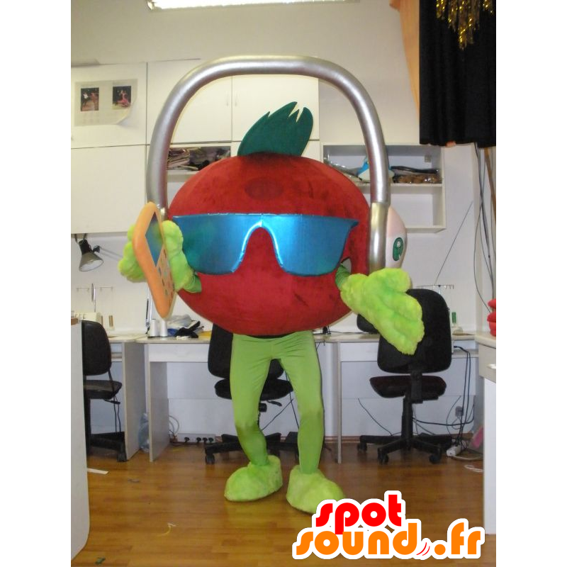 Mascotte de tomate géante avec un casque audio sur la tête - MASFR031934 - Mascotte de fruits