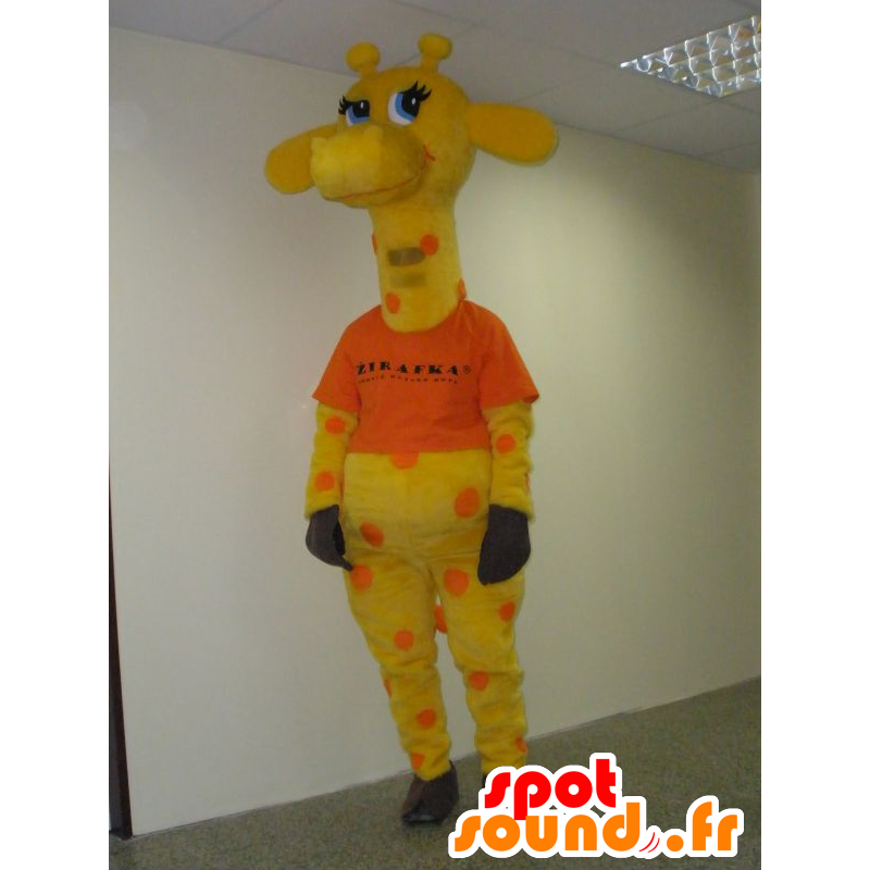 Mascotte de girafe jaune et orange, aux yeux bleus - MASFR031937 - Mascottes de Girafe