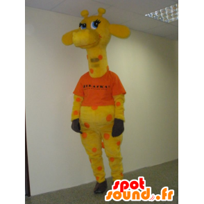 Mascotte giallo e arancione giraffe, gli occhi azzurri - MASFR031937 - Mascotte di giraffa