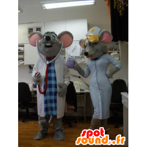 2 mascottes de souris habillées en médecin et en infirmière - MASFR031943 - Mascotte de souris
