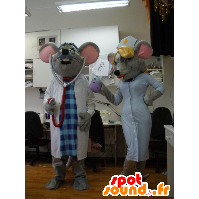2 mascottes de souris habillées en médecin et en infirmière - MASFR031943 - Mascotte de souris