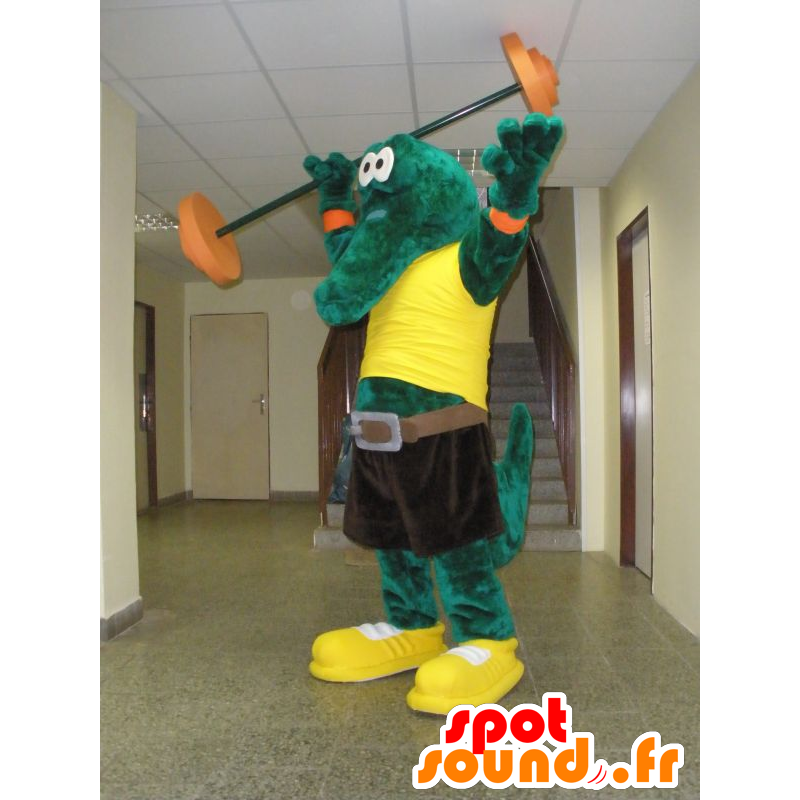 Mascotte coccodrillo verde con una t-shirt gialla - MASFR031947 - Mascotte coccodrillo