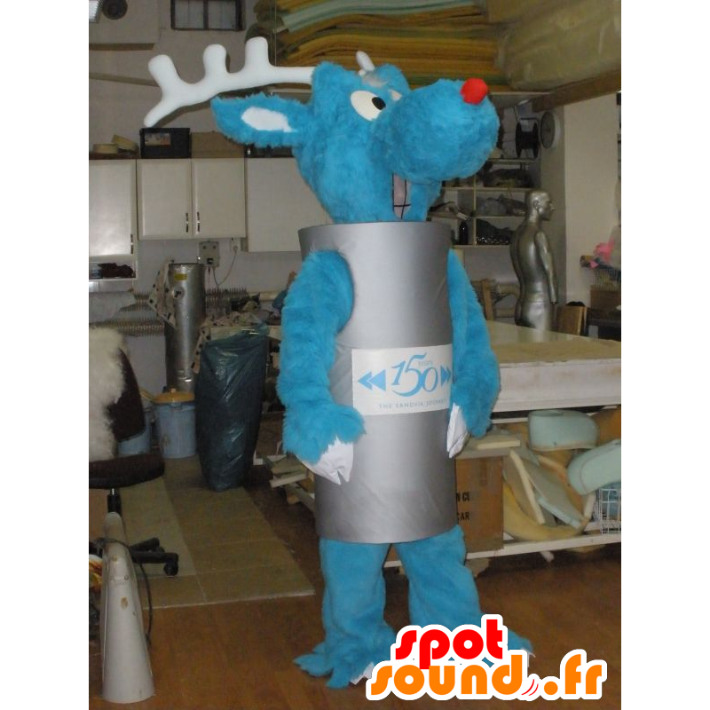 Blue reindeer mascot outfit with a gray cylindrical - MASFR031949 - Animals of the forest