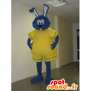 Blau Hase Maskottchen in gelb gekleidet. großes Kaninchen - MASFR031957 - Hase Maskottchen