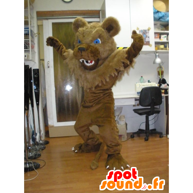 Mascot urso marrom, de aspecto feroz, com olhos azuis - MASFR031964 - mascote do urso