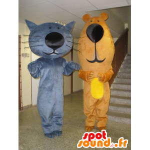 2 Maskottchen, eine blaue Katze und ein Braunbär - MASFR031967 - Bär Maskottchen