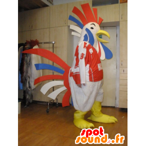 Giant rooster mascot, blue, white and red - MASFR031970 - Mascot of hens - chickens - roaster