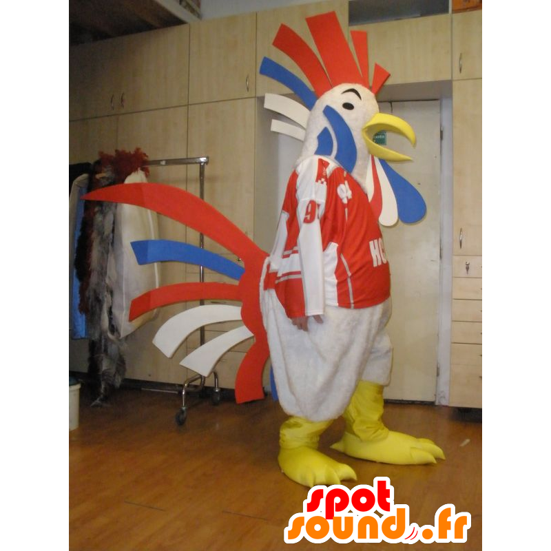 Giant mascotte gallo, blu, bianco e rosso - MASFR031970 - Mascotte di galline pollo gallo