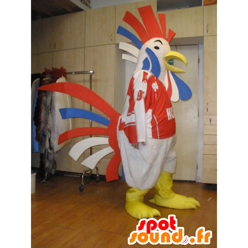 Giant rooster mascot, blue, white and red - MASFR031970 - Mascot of hens - chickens - roaster