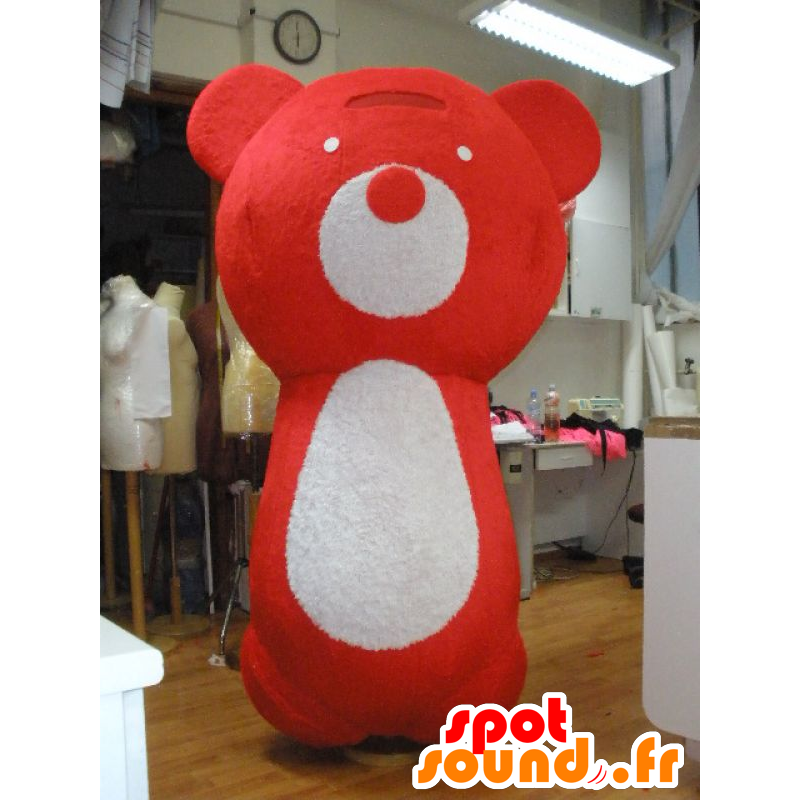 Stor rød og hvid bamse maskot - Spotsound maskot kostume