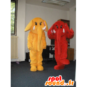 2 elefant-maskotter, en rød og en gul - Spotsound maskot kostume
