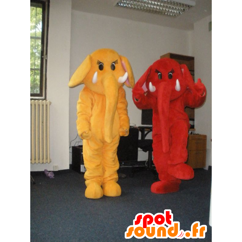 2 mascottes olifanten, rood en geel - MASFR031982 - Elephant Mascot