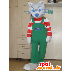 Grå kattmaskot med randig outfit och overall - Spotsound maskot