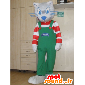 Cinza roupa mascote gato com um listrado e macacão - MASFR031984 - Mascotes gato