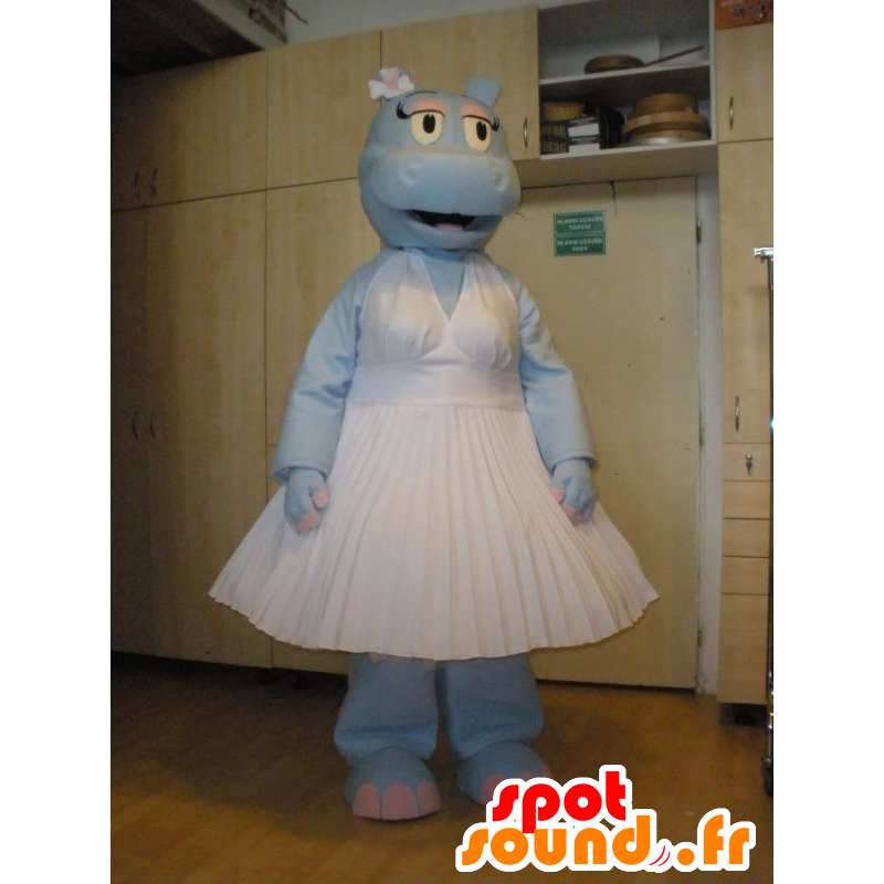 Sininen virtahepo maskotti pukeutunut valkoinen mekko - MASFR031993 - Hippo Maskotteja