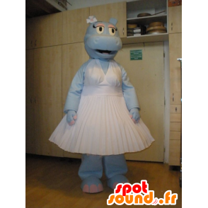 Blue hippo mascot dressed in a white dress - MASFR031993 - Mascots hippopotamus