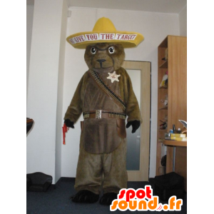 Urso mascote, groundhog marrom vestida de cowboy - MASFR032002 - mascote do urso