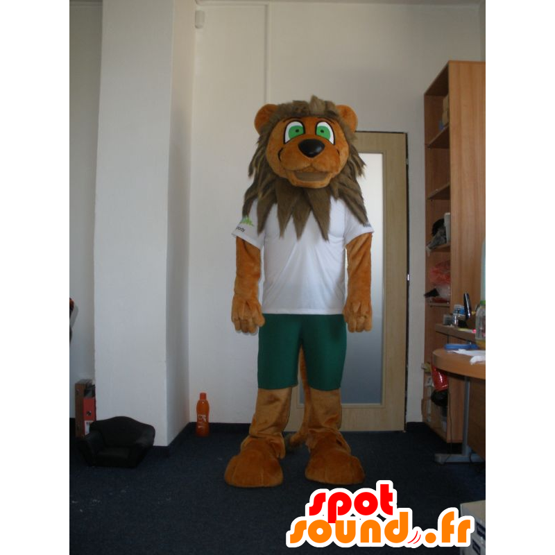 Bruin en beige leeuw mascotte met groene ogen - MASFR032011 - Lion Mascottes