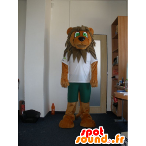 Leão mascote marrom e bege com olhos verdes - MASFR032011 - Mascotes leão