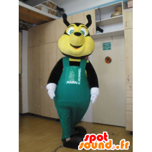Mascot of black and yellow bee, with green overalls - MASFR032032 - Mascots bee