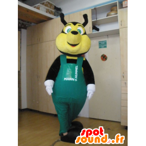 Maskot černé a žluté včely, se zelenými kombinézy - MASFR032032 - Bee Maskot