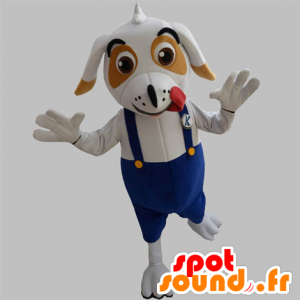 Hvid og brun hundemaskot med overall - Spotsound maskot kostume