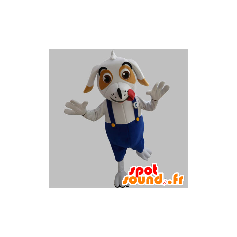 Weiße und braune Hund Maskottchen mit Overalls - MASFR032036 - Hund-Maskottchen