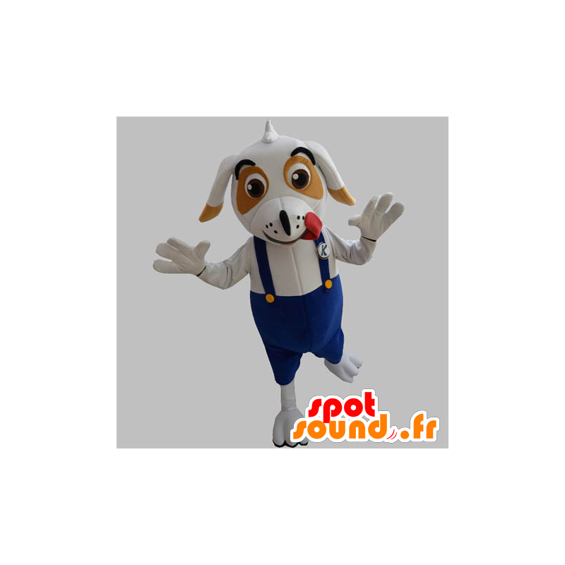 Hvid og brun hundemaskot med overall - Spotsound maskot kostume