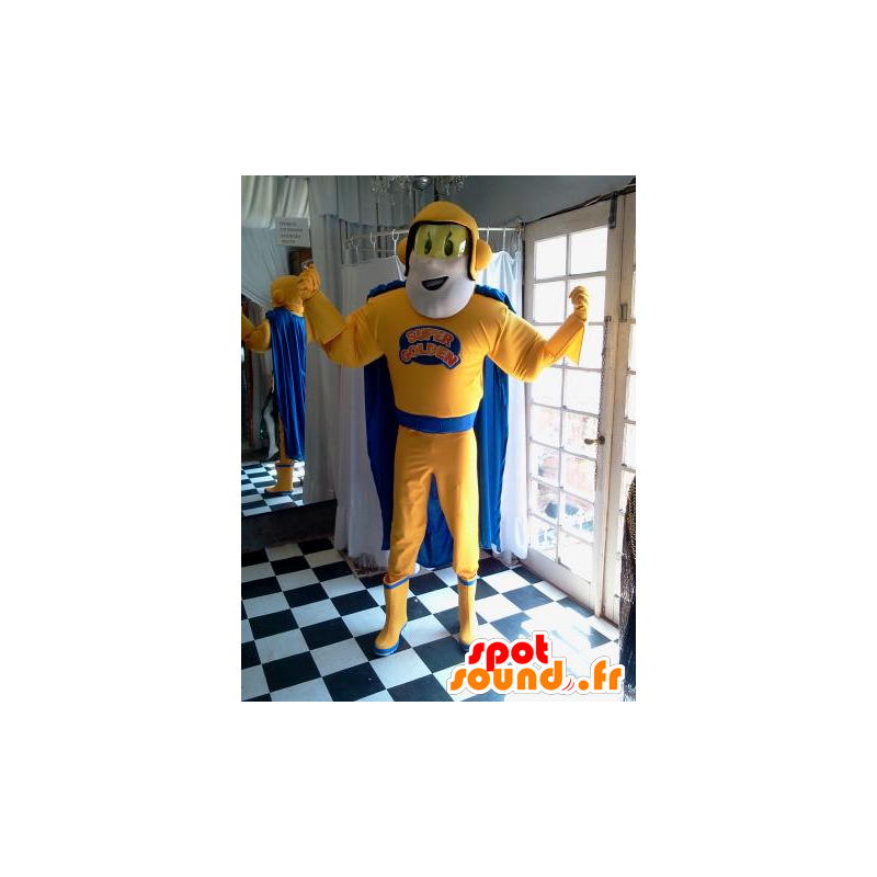 Superhero mascot holding yellow and blue - MASFR032037 - Superhero mascot