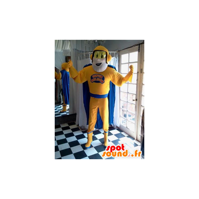 Superheltmaskot i gul og blå tøj - Spotsound maskot kostume