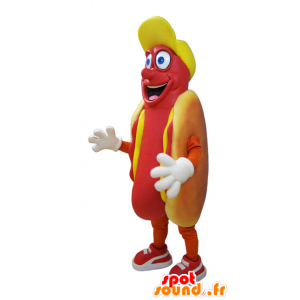 Cachorro-quente gigante mascote, ganancioso e sorrindo - MASFR032039 - Rápido Mascotes Food