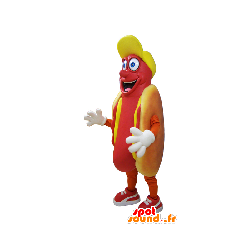 Hot dog giganten maskot, grådig og smilende - MASFR032039 - Fast Food Maskoter