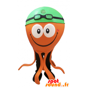 Orange octopus mascot with a green shower cap - MASFR032042 - Mascots of the ocean