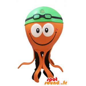Oranje octopus mascotte met een groene badmuts - MASFR032042 - Mascottes van de oceaan