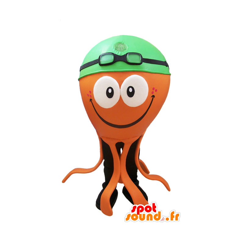 Arancione mascotte polpo con una cuffia per la doccia verde - MASFR032042 - Mascotte dell'oceano