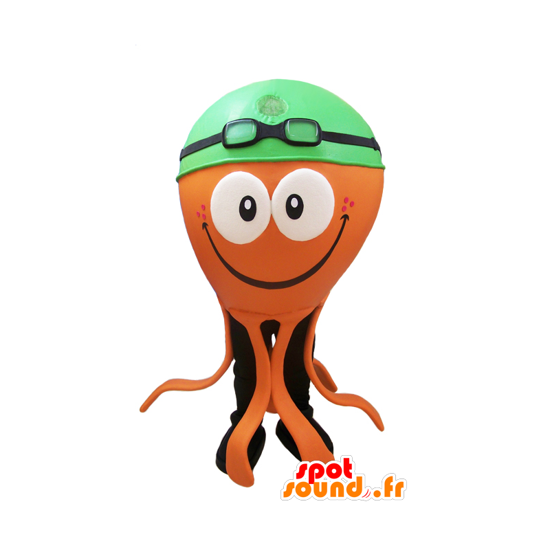Orange blæksprutte maskot med grøn badehætte - Spotsound maskot
