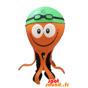 Mascota del pulpo de color naranja con un gorro de ducha verde - MASFR032042 - Mascotas del océano