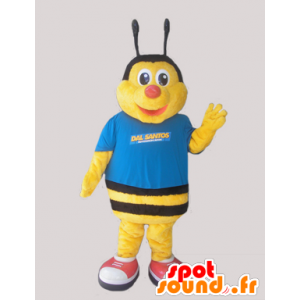 Mascot gul og svart bie, kledd i blått - MASFR032051 - Bee Mascot