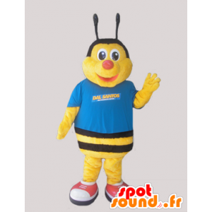 Maskot žluté a černé včela, oblečený v modré barvě - MASFR032051 - Bee Maskot